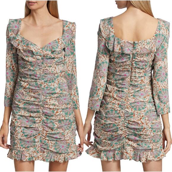Veronica Beard Lozano Floral 3/4 Sleeve Ruched Mini Dress Green Multi Women's 6